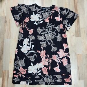 Original Floral Linen‎ Blend Dress Short Sleeve Casual Black Pink XL